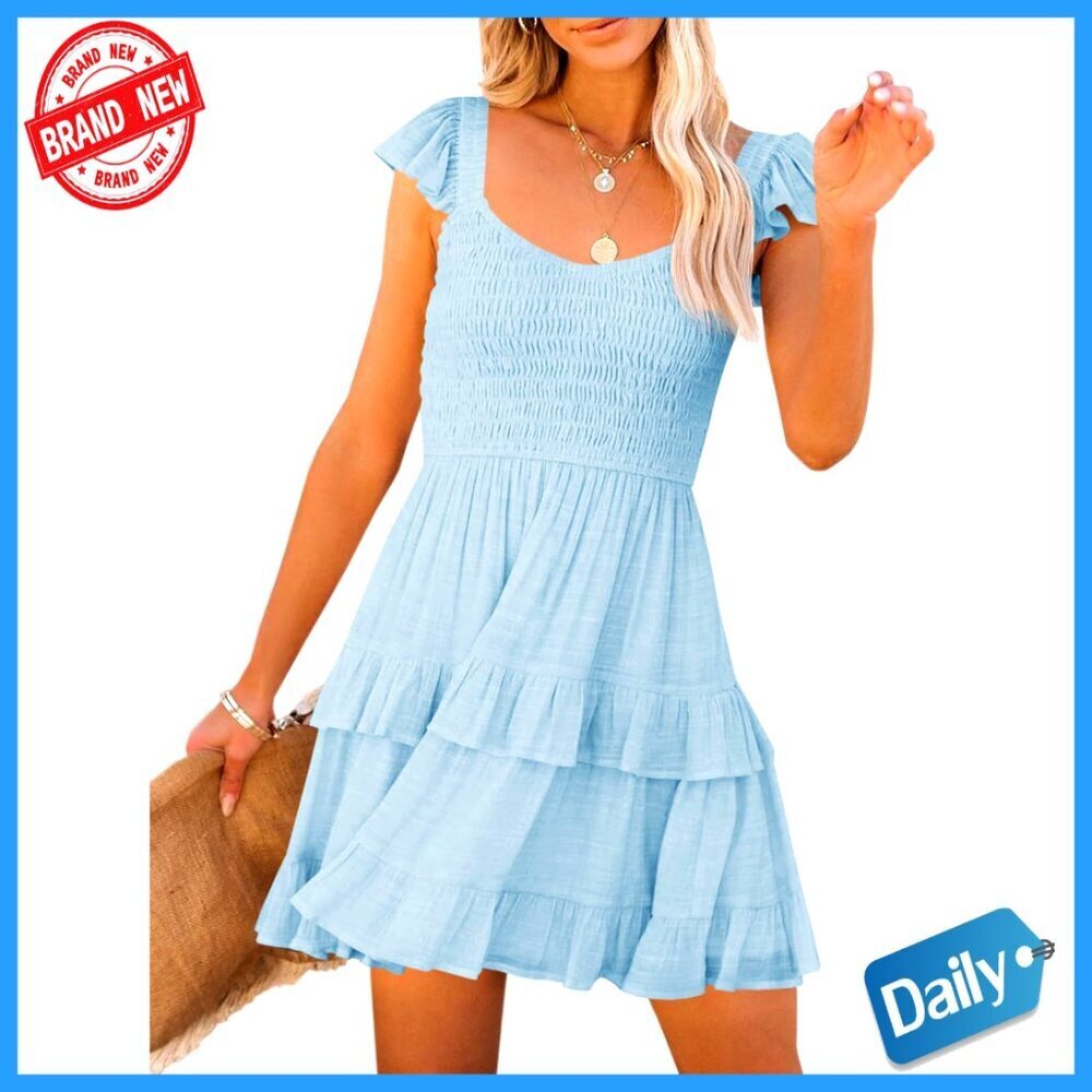 Women's Ruffle Mini Dress Elastic Waist A-Line Flowy Summer Casual